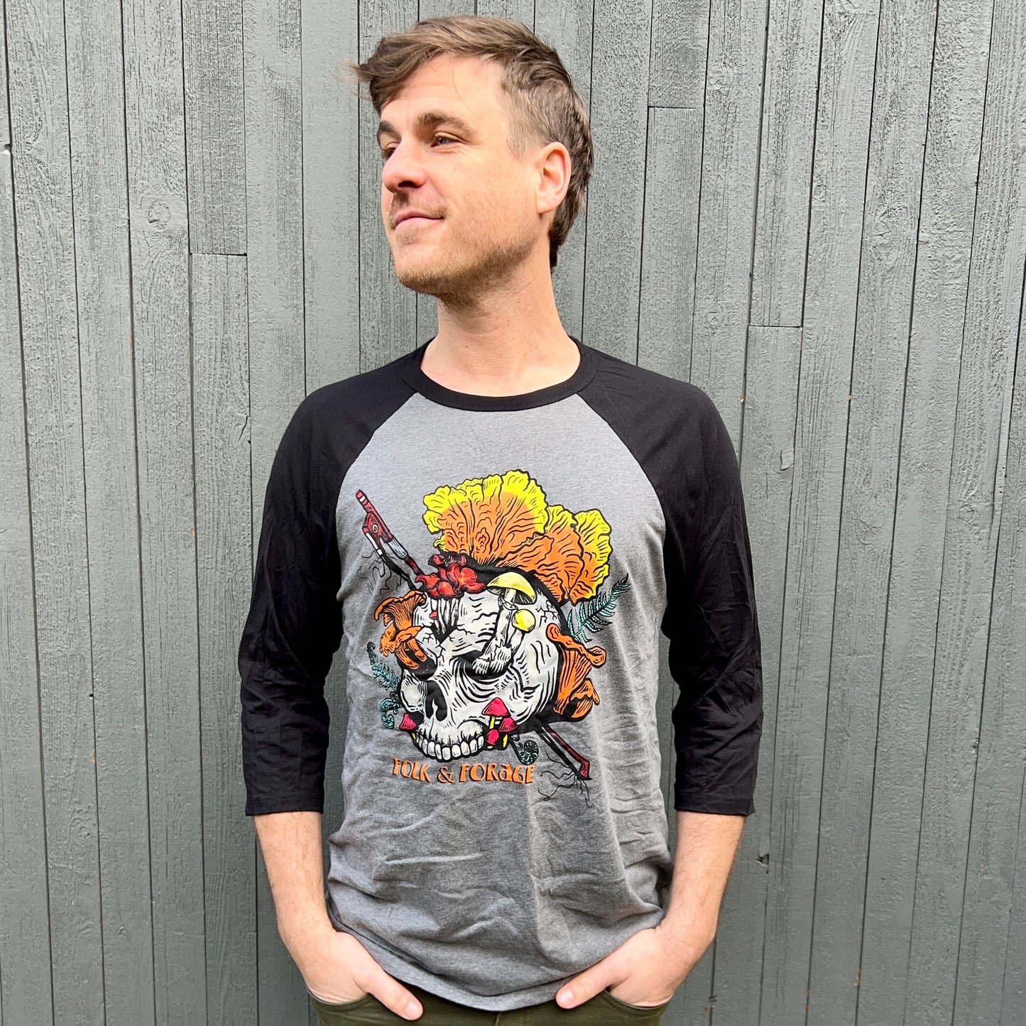 Folk & Forage ~ Skull Growing Mushrooms Baseball Tee
