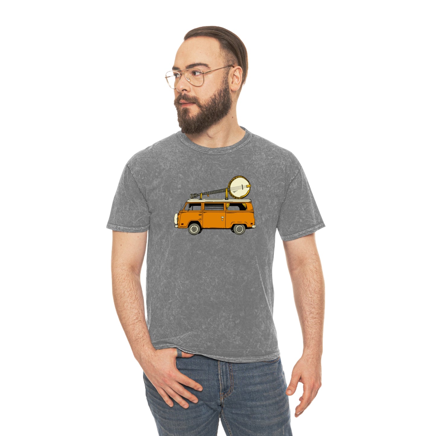 VW Camper Van with a Banjo on the Roof! Mineral Wash T-Shirt