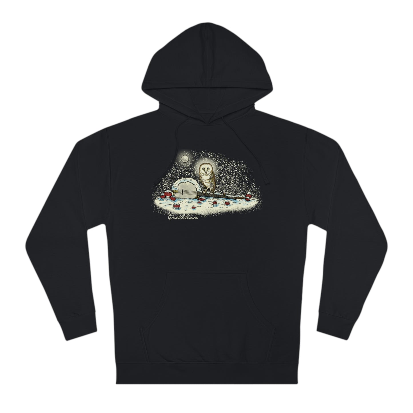 Quattlebaum Hoodie ~ Barn Owl on a Snowy Banjo with Mushrooms!