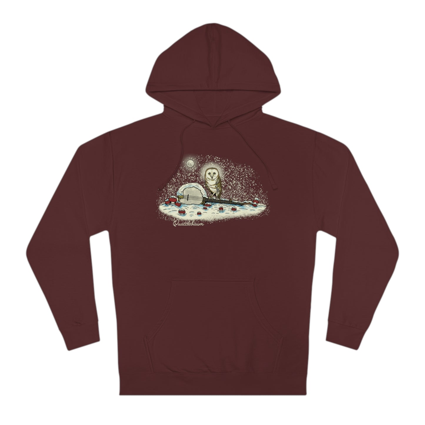 Quattlebaum Hoodie ~ Barn Owl on a Snowy Banjo with Mushrooms!