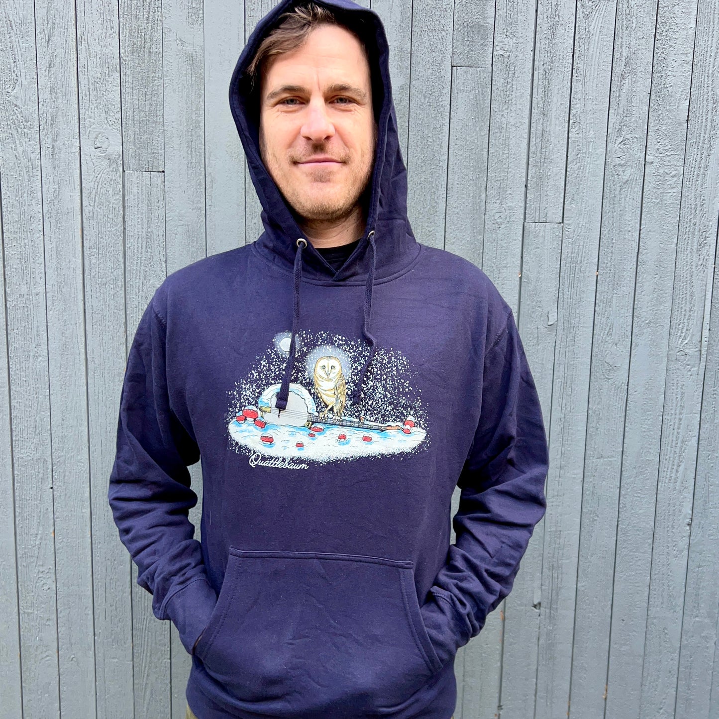 Quattlebaum Hoodie ~ Barn Owl on a Snowy Banjo with Mushrooms!