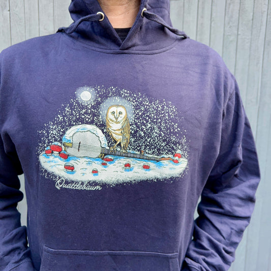 Quattlebaum Hoodie ~ Barn Owl on a Snowy Banjo with Mushrooms!