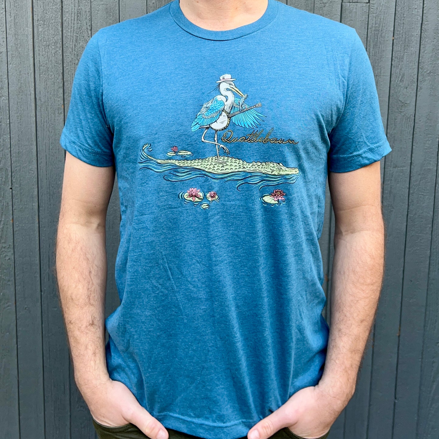 Quattlebaum Tee ~ Blue Heron Playing Banjo on an Alligator ~