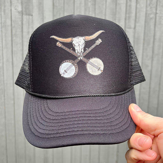 Double Banjo Bull Skull Trucker Hat