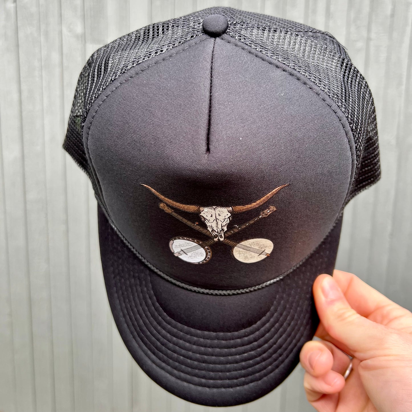 Double Banjo Bull Skull Trucker Hat