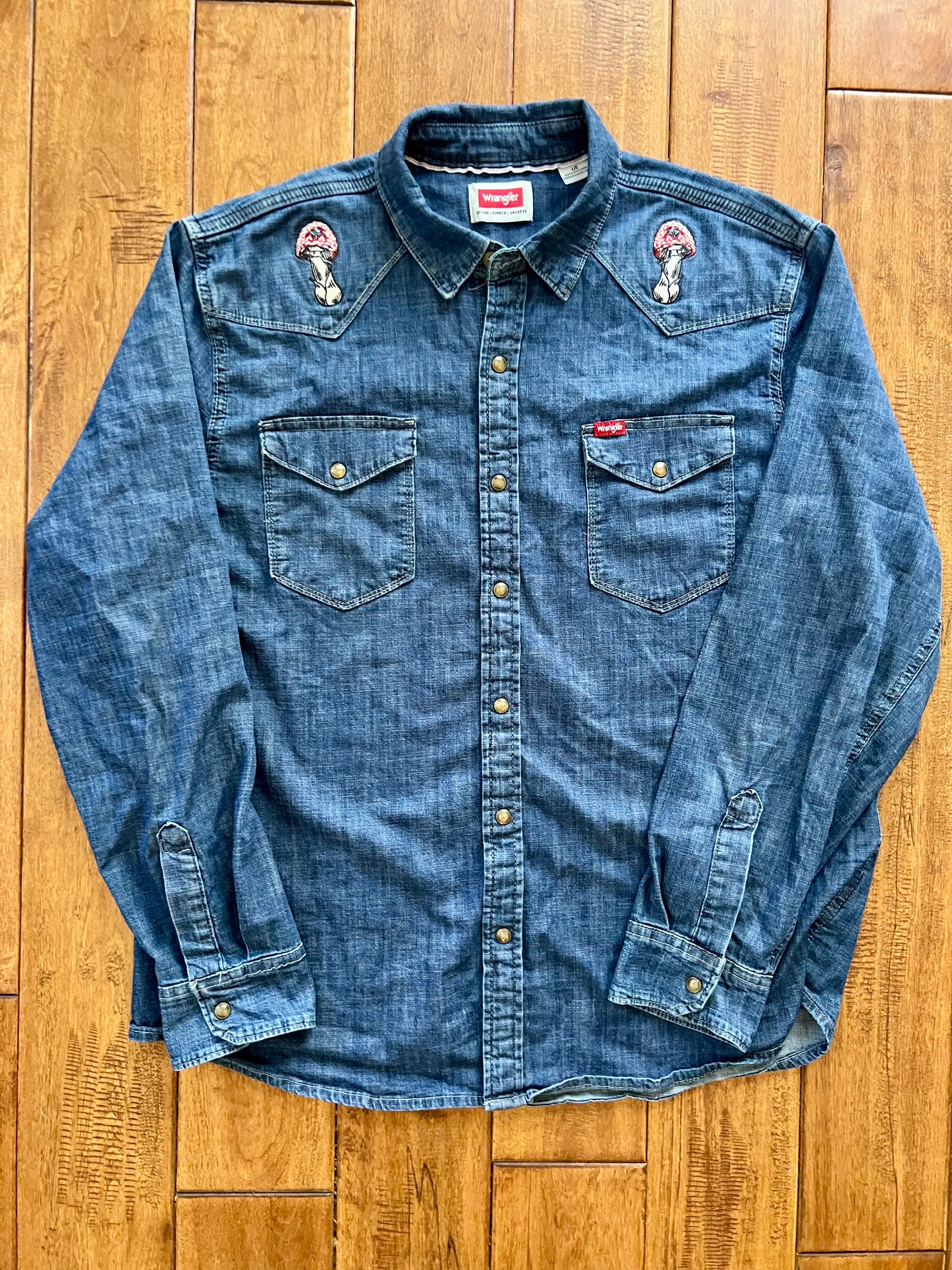 3rd Eye Fly Embroidered Wrangler Western Pearl Snap Denim Shirt ~ Amanita Muscaria Mushroom with a Third Eye Design