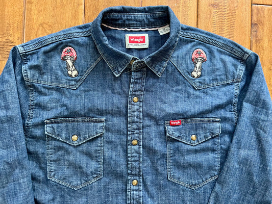 3rd Eye Fly Embroidered Wrangler Western Pearl Snap Denim Shirt ~ Amanita Muscaria Mushroom with a Third Eye Design