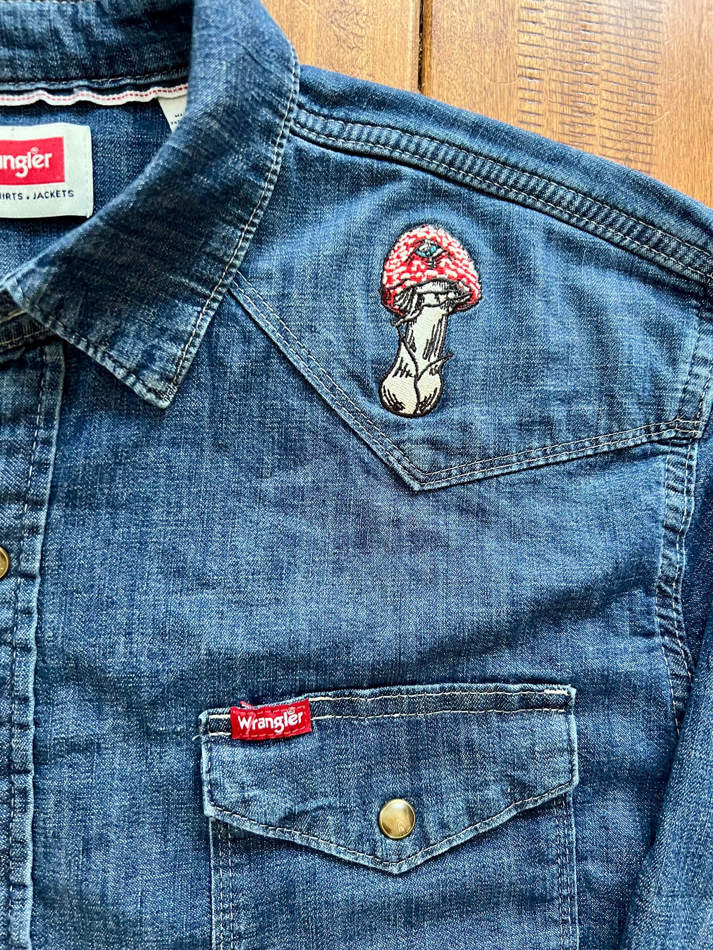 3rd Eye Fly Embroidered Wrangler Western Pearl Snap Denim Shirt ~ Amanita Muscaria Mushroom with a Third Eye Design