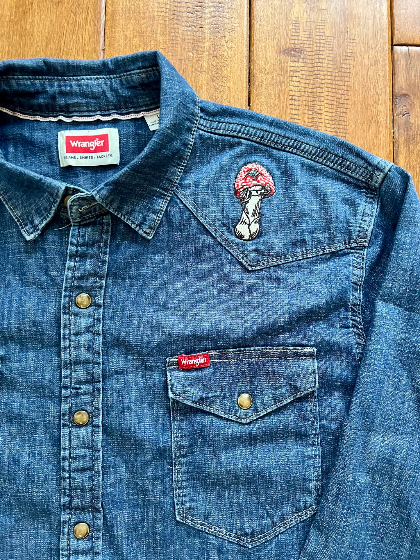 3rd Eye Fly Embroidered Wrangler Western Pearl Snap Denim Shirt ~ Amanita Muscaria Mushroom with a Third Eye Design