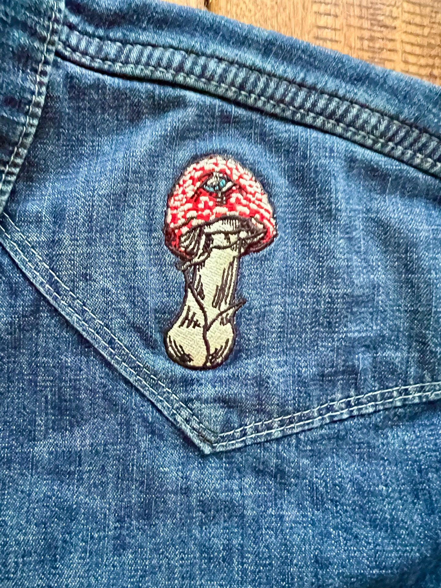 3rd Eye Fly Embroidered Wrangler Western Pearl Snap Denim Shirt ~ Amanita Muscaria Mushroom with a Third Eye Design