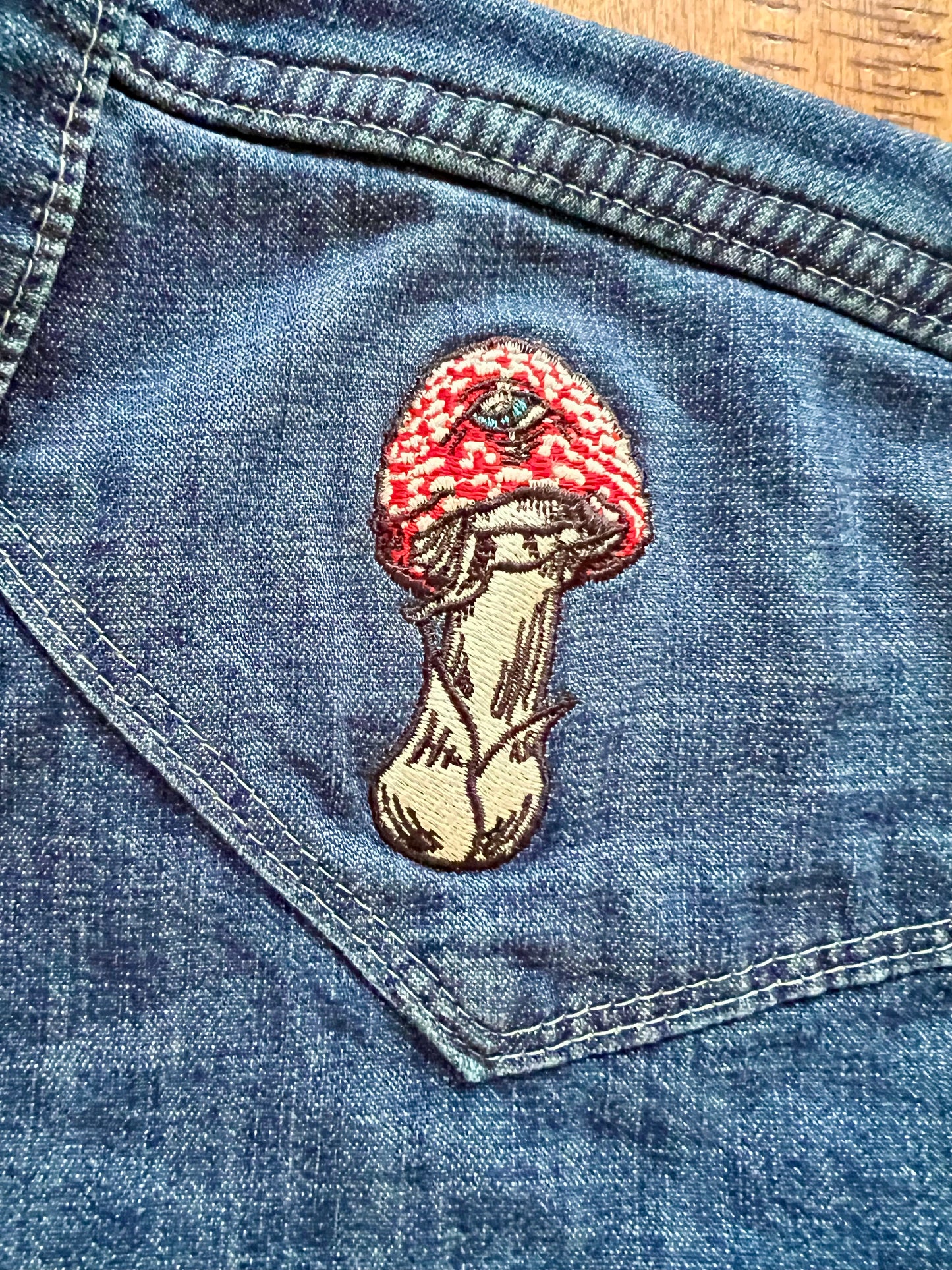3rd Eye Fly Embroidered Wrangler Western Pearl Snap Denim Shirt ~ Amanita Muscaria Mushroom with a Third Eye Design