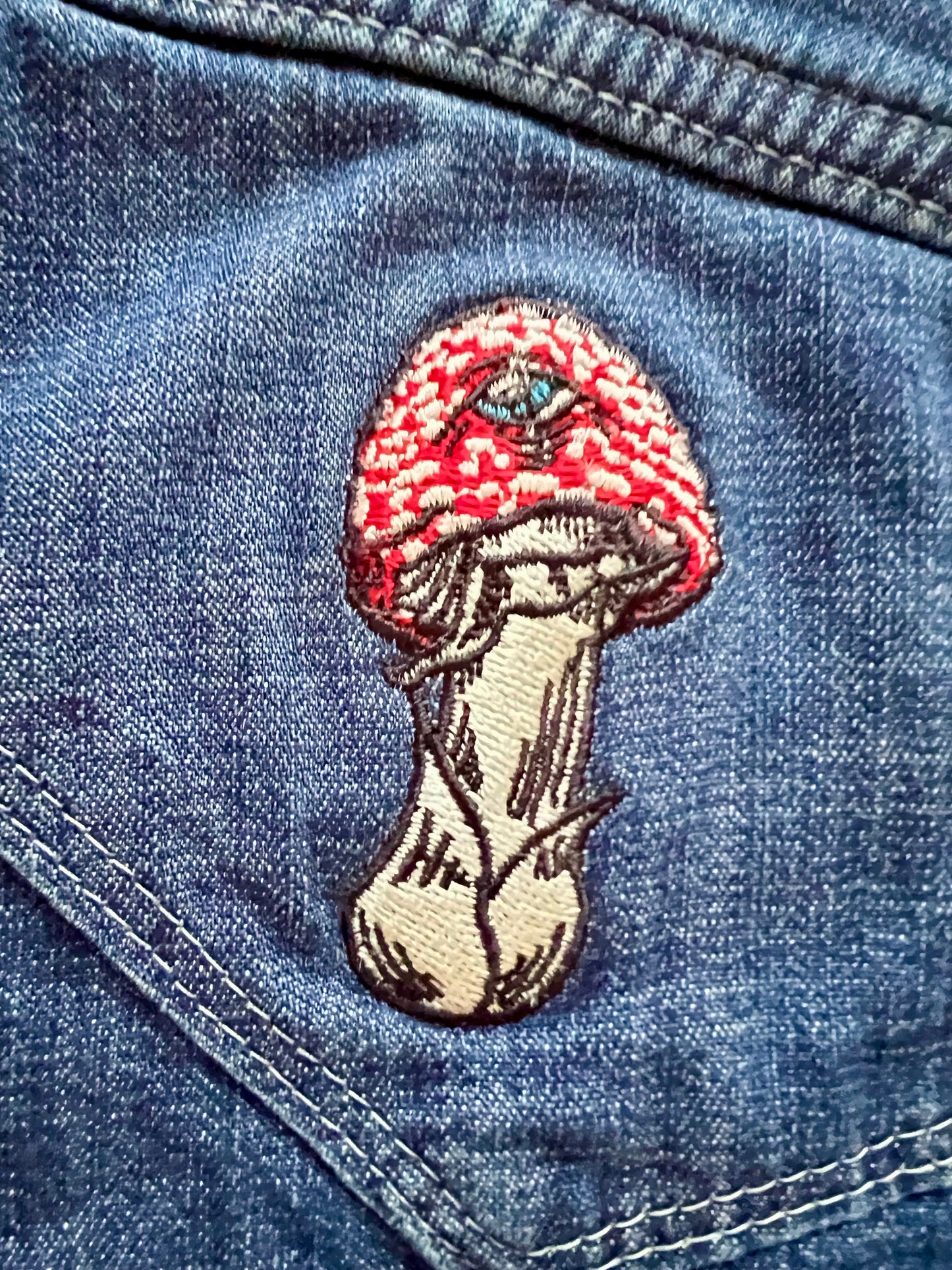 3rd Eye Fly Embroidered Wrangler Western Pearl Snap Denim Shirt ~ Amanita Muscaria Mushroom with a Third Eye Design
